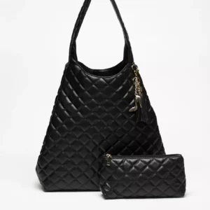 MAX Black Quilted Tote Bag with Pouch and Heel Charm