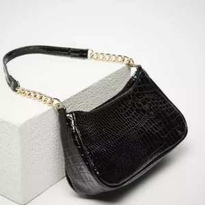 MAX Black Croc-Effect Baguette Bag with Gold Chain Strap