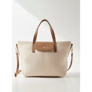 MAX Two-Tone Nylon Tote Bag with Tan Faux Leather Trim and Detachable Strap