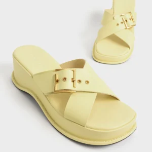 Charles & Keith Yellow Crossover Buckle Platform Slide Sandals