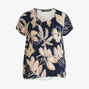 BETTY BARCLAY Navy & Beige Floral Print Blouse - Short Sleeve Summer Top (Size 46)