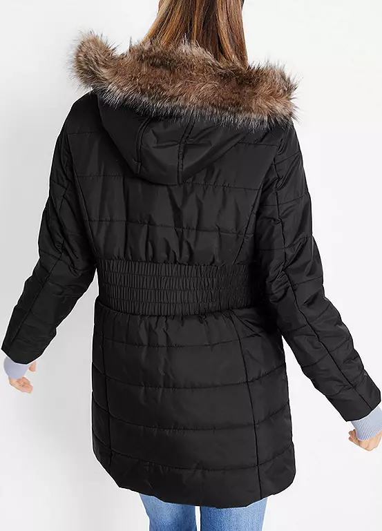 Women's Quilted Padded Winter Coat with Faux Fur Trim Hood and Knitted Cuffs - bonprix