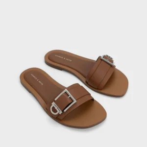Charles & Keith Tan Buckled Flat Slide Sandals size 37