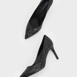 CHARLES & KEITH Black Glitter Pointed-Toe Stiletto Pumps | Party Heels