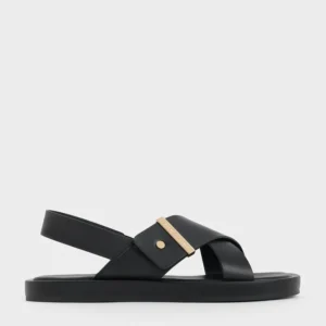 Black Criss-Cross Strap Flat Sandals with Slingback and Gold Detail