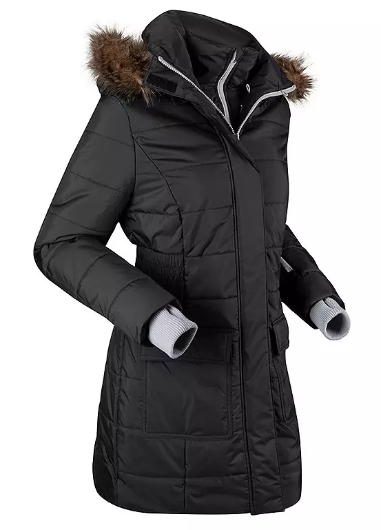 Women's Quilted Padded Winter Coat with Faux Fur Trim Hood and Knitted Cuffs - bonprix