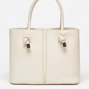 MAX Elegant White/Cream Knot Detail Tote Bag – Structured Mini Handbag with Gold Accents