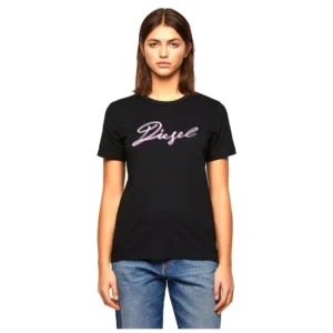 DIESEL Women's Black T-Shirt with Pink Neon Script Logo