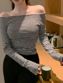DAZY Striped Off-the-Shoulder Long Sleeve Fitted Top - Size S