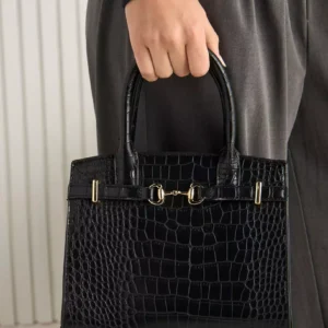 MAX Elegant White Croc-Embossed Tote Bag – Structured Shoulder Bag with Gold Metal Accent