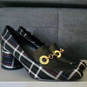 Charles & Keith Plaid Block Heel Loafer Pumps with Gold Chain Accent