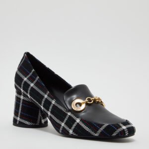Charles & Keith Plaid Block Heel Loafer Pumps with Gold Chain Accent