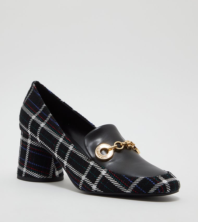 Charles & Keith Plaid Block Heel Loafer Pumps with Gold Chain Accent