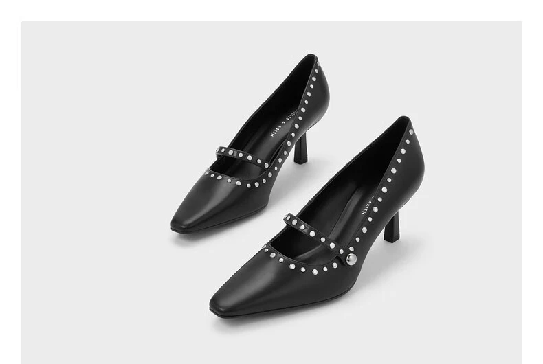 CHARLES & KEITH Black Studded Mary Jane Pumps | Pointed-Toe Kitten Heels