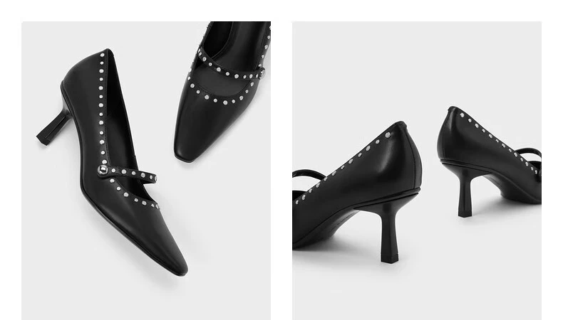 CHARLES & KEITH Black Studded Mary Jane Pumps | Pointed-Toe Kitten Heels