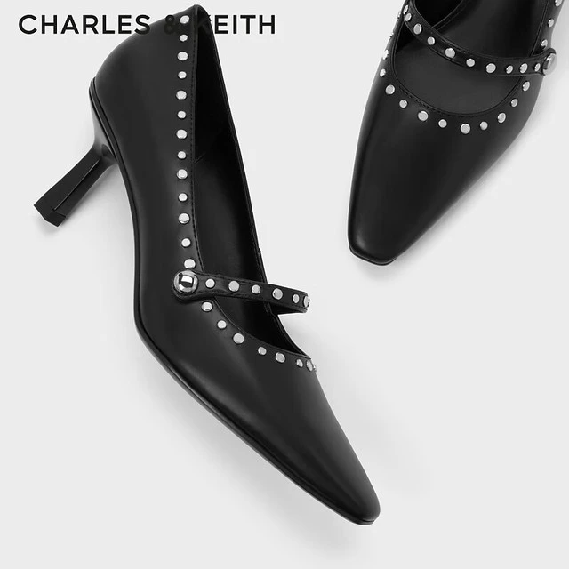 CHARLES & KEITH Black Studded Mary Jane Pumps | Pointed-Toe Kitten Heels