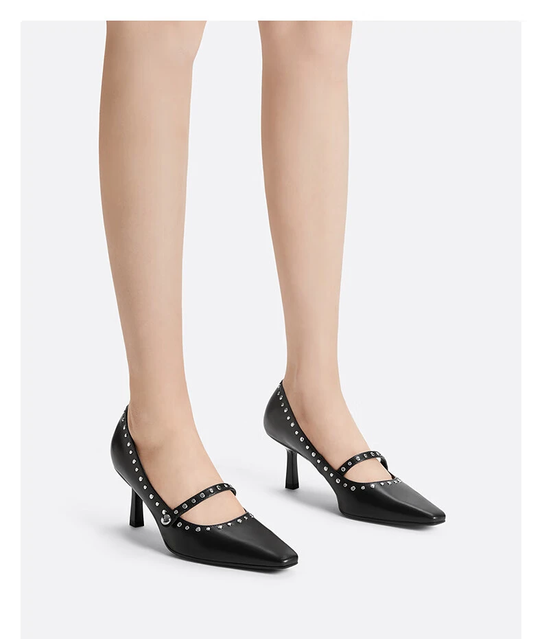 CHARLES & KEITH Black Studded Mary Jane Pumps | Pointed-Toe Kitten Heels