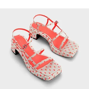 Charles & Keith Coral Polka Dot Square-Toe Platform Sandals