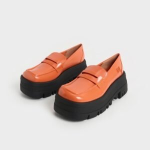 Women's Chunky Platform Penny Loafers - Brown Patent Leather Finish