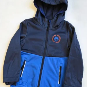 KUNIBOO Kids' Softshell Hooded Jacket - Navy and Blue Color Block with 'Future Arctic' Badge (Size 4-6 Years)