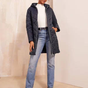 Women's Longline Lightweight Quilted Padded Coat with Hood - Navy/Black