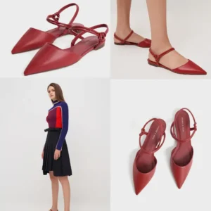 Charles & Keith Red Knotted Strap Pointed-Toe Slingback Heels