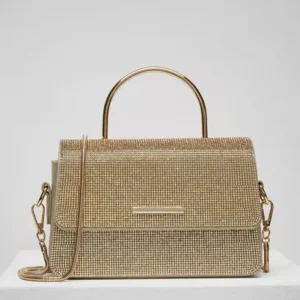 MAX Dazzling Gold Rhinestone Box Bag – Metallic Top Handle Clutch with Chain Strap