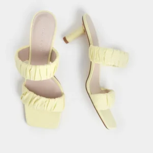 Charles & Keith Yellow Ruched Double Strap Square Toe Kitten Heel Mules