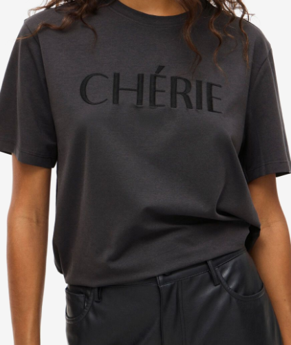 Vila "Chérie" Embossed Slogan T-shirt in Washed Charcoal Grey