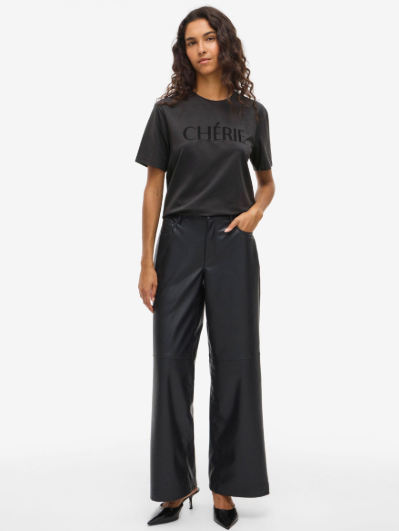 Vila "Chérie" Embossed Slogan T-shirt in Washed Charcoal Grey