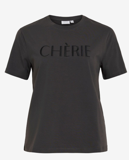 Vila "Chérie" Embossed Slogan T-shirt in Washed Charcoal Grey