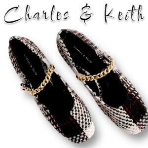 Charles & Keith Plaid Tweed Mary Jane Flats with Gold Chain Strap