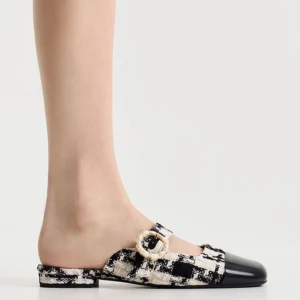Charles & Keith Black & White Tweed Mary Jane Mules with Cap Toe