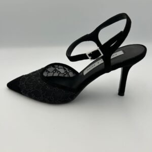 Elegant Black Beaded Mesh Stiletto Heels with Ankle Strap
