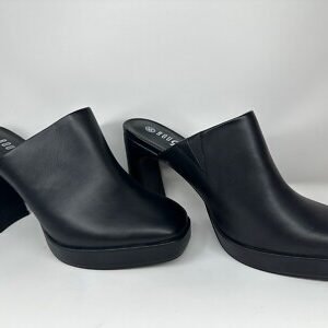 Women's Black Faux Leather Platform Mule Clogs with Chunky Block Heel