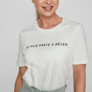 Vila "Je Suis Prête À Rêver" Slogan T-shirt - Crisp White