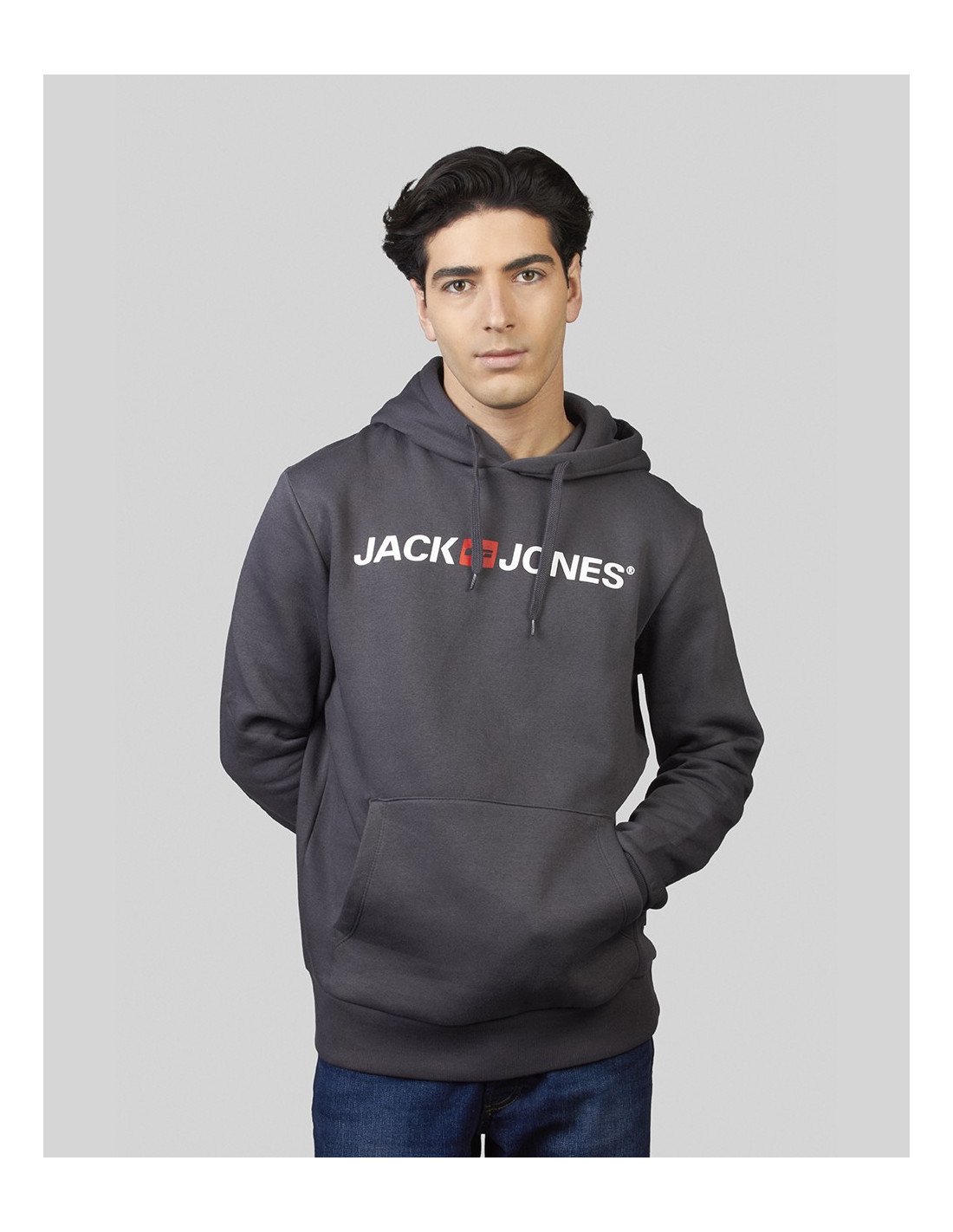 JACK & JONES Logo Print Pullover Hoodie for Men - Grey/Charcoal
