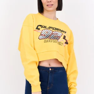 Bershka Women's Yellow "California Live To Win" Graphic Cropped Sweatshirt, Size S