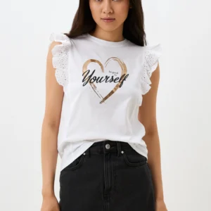 Terranova White T-Shirt with Eyelet Ruffle Sleeves and "Be Good to Yourself" Heart Print