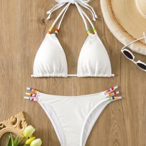 White Textured Halter Triangle Bikini Set with Multi-Colored Beaded Straps