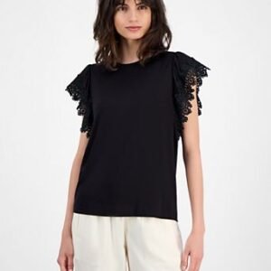 Terranova Size M Black T-Shirt with Dramatic Tiered Lace Ruffle Sleeves