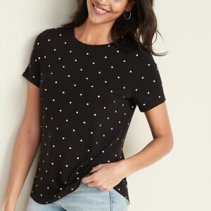 Women's Black and White Polka Dot Crew Neck T-Shirt