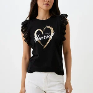 Terranova Size L Black T-Shirt with Eyelet Ruffle Sleeves and Metallic "Be Good to Yourself" Print