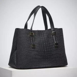 MAX Women's Black Faux-Croc Textured Tote Handbag with Gold Hardware and Detachable Strap