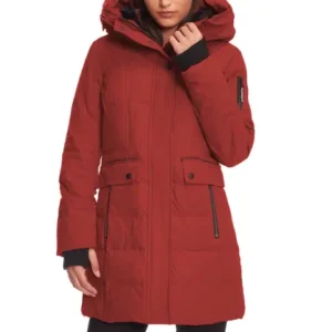 Women's Mid-Length Red Puffer Parka with High Collar and Hood