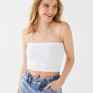Ribbed Seamless Cami Crop Top for Women | Spaghetti Strap Bandeau Tube Top