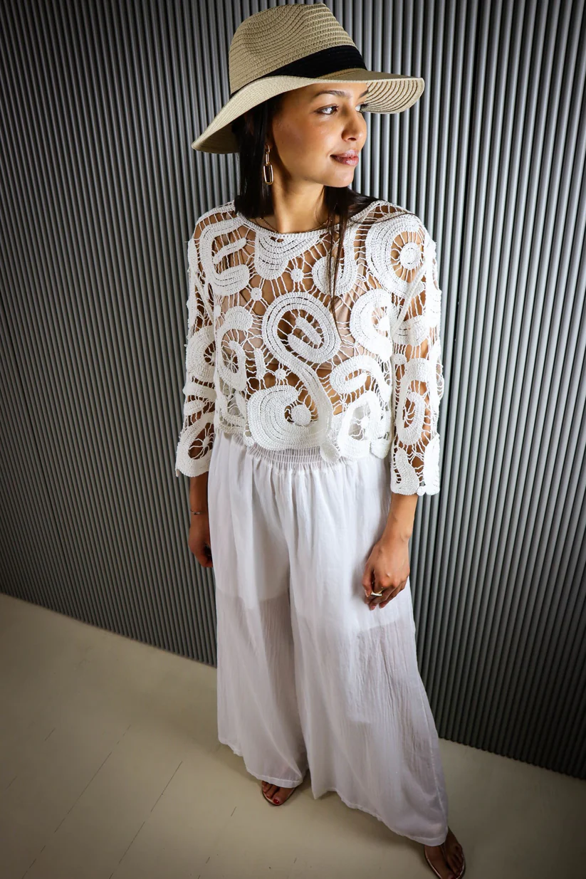 Women's White Crochet Lace Sheer Cover-Up Top