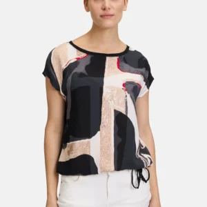 Betty Barclay Women's Abstract Print Loose Fit Top in Black and Tan