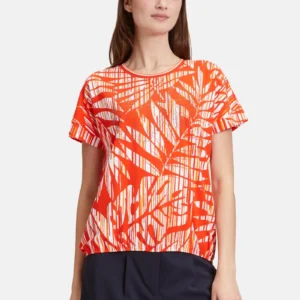 Betty Barclay Women's Orange & White Abstract Leaf Print Short Sleeve Top