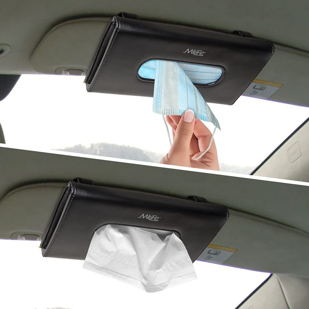 MiLife Car Visor Mask & Tissue Holder - PU Leather Organizer for Disposable Face Masks - Includes 10 Masks